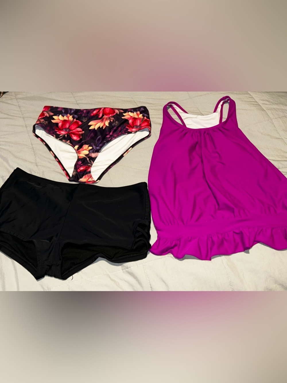 Women's Magenta Tankini Top with Black and Floral Bottoms